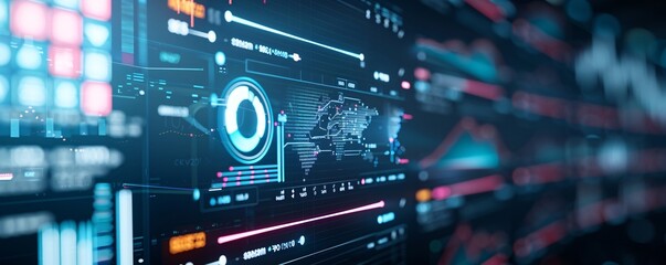 Obraz premium A high-tech screen showcases a digital credit report with a prominent bankruptcy notification, surrounded by holographic financial indicators and graphs. The minimalist design offers plenty of copy