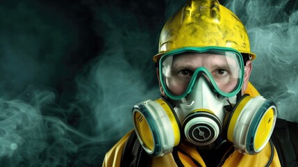 Obraz premium Industrial Worker Wearing Protective Gear in Hazardous Environment with Smoke