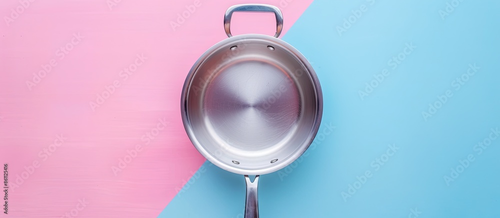Poster saucepan isolated on pastel background pot aluminum. copy space image. place for adding text and des