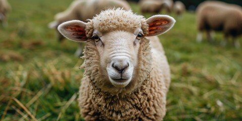 Obraz premium CloseUp of a Curious Sheep in a Green Pasture with Flock in Background
