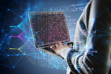 Close up of hacker hands using laptop with creative big data lines on dark background. Technology, hacking, malware and innovation concept. Double exposure.