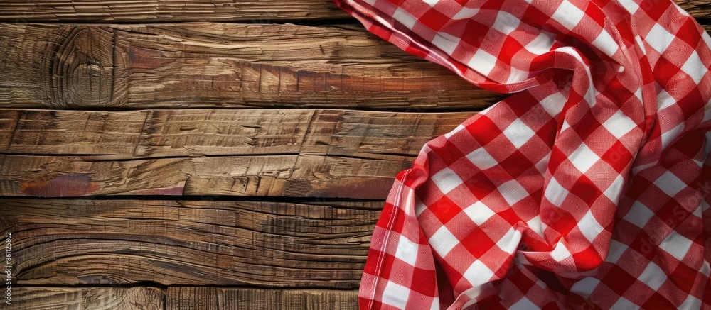 Poster overhead shot of red checkered table cloth with copyspace. copy space image. place for adding text o