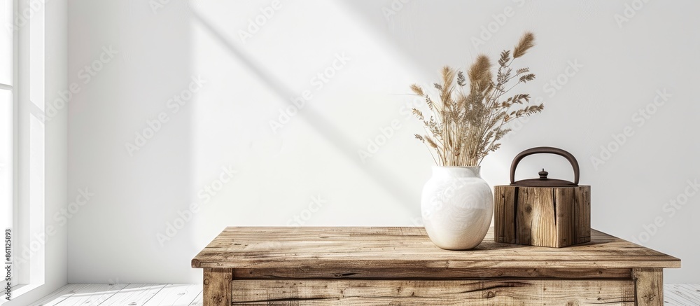 Poster wood furniture on the white background image. copy space image. place for adding text and design