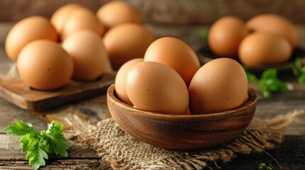 Fresh Brown Eggs in Wooden Bowl on Rustic Table with Fresh Herbs