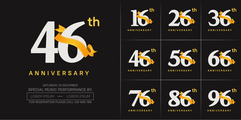 anniversary logotype set vector, white color and orange ribbon for special day celebration