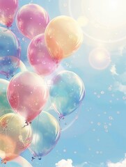 A digital illustration depicting colorful balloons with congratulatory messages and school symbols floating against a blue sky background. Generative AI