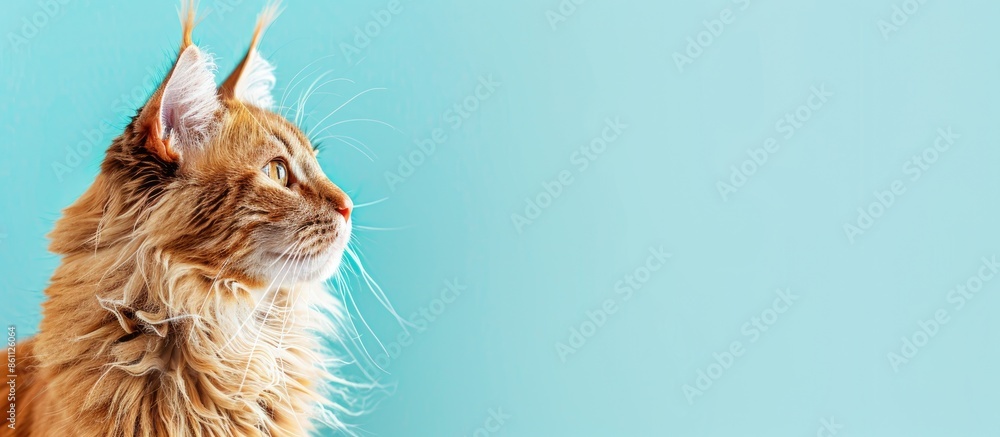 Poster portrait of a siberian forest cat , isolated on pastel background. copy space image. place for addin