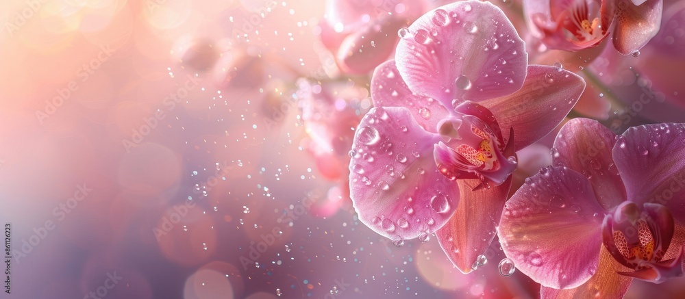 Poster orchids with water drops pastel background flower design. copy space image. place for adding text an