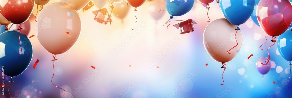Poster balloons with congratulatory messages and school symbols float against a backdrop of a graduation pa