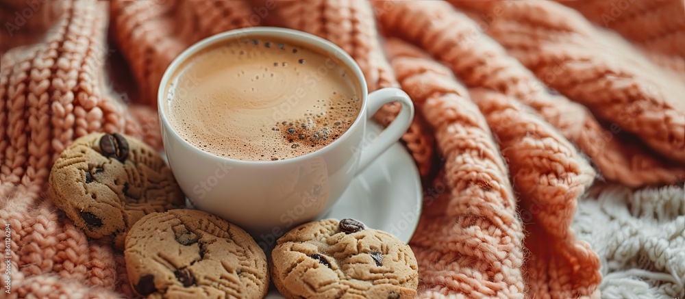 Poster cup of coffee with milk and chocolate cookies on warm knitted coral blanket. copy space image. place