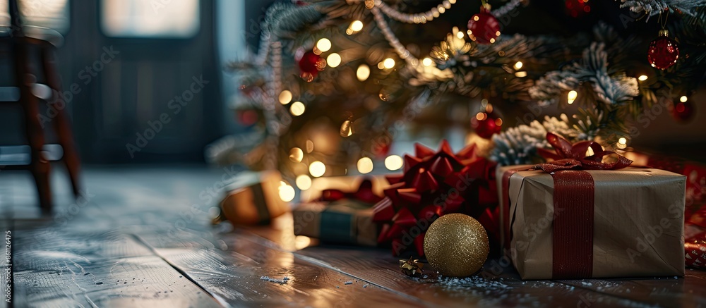 Poster toy and gift under christmas tree. high quality photo. copy space image. place for adding text and d