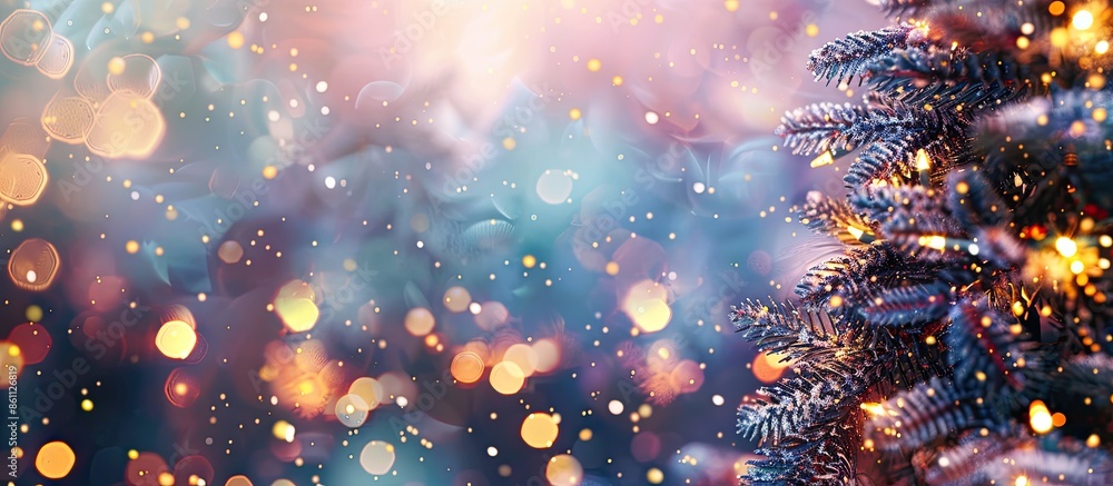 Poster blurry abstract background of new year`s interior with a beautiful decorative christmas tree. copy s