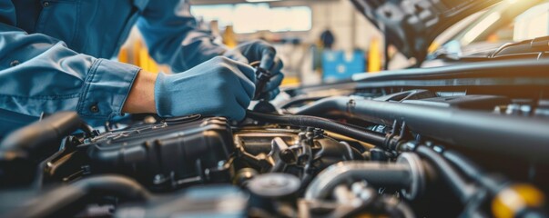 Mechanic in gloves working on car engine in an auto repair shop, focused on professional maintenance and repair services.