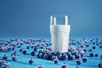 A glass of milk is on top of a pile of blueberries