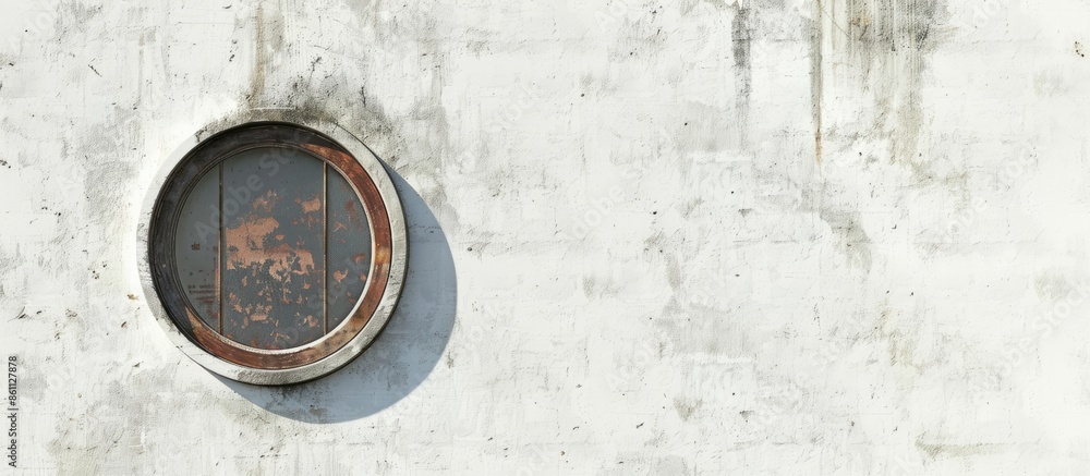 Poster round window on a white wall. copy space image. place for adding text and design