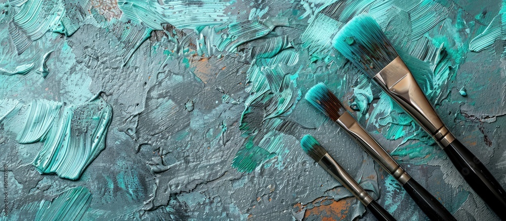 Poster two brushes lie on a gray background standing next to a wooden bank with turquoise paint. copy space