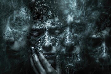 Surreal Portrait of a Boy with Multiple Reflections and Mysterious Fog