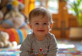 Adorable Smiling Baby with Blonde Hair Sitting in Colorful Playroom