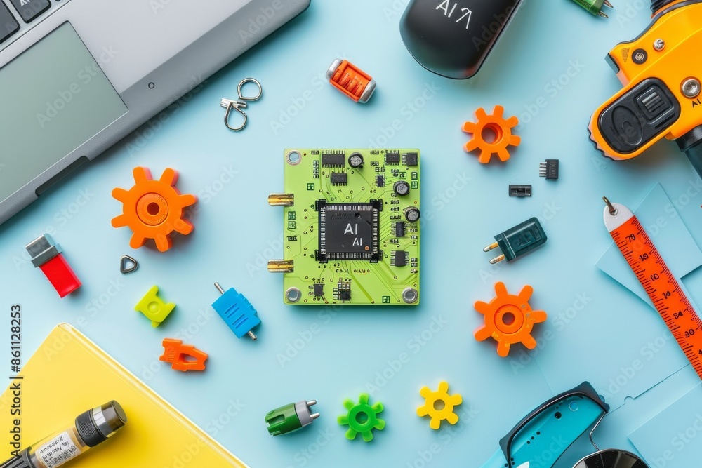 Poster tech workspace with circuit board, tools, and colorful gears, high tech creative setting