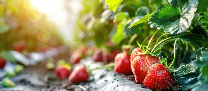 Cultivation of strawberry fruits using the plasticulture method, plants growing on plastic mulch in walk-in greenhouse polyethylene tunnels. Copy space image. Place for adding text or design