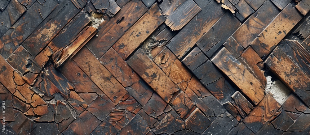 Poster old damaged parquet. top view of ruined parquet floor. copy space image. place for adding text and d