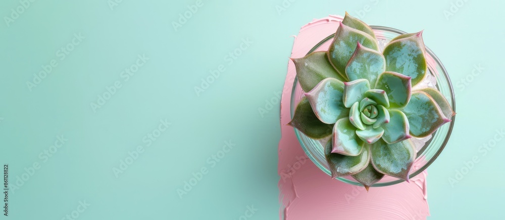 Poster aerial close up centered view of a succulent plant potted in a transparent icecream glass, isolated 
