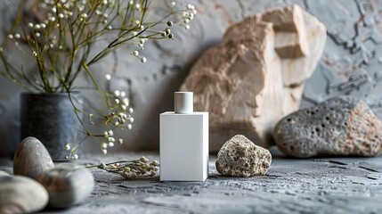 Minimalist gray background for product photography with just one object as the highlight, white square perfume bottle on table, rock beside it, studio lighting
