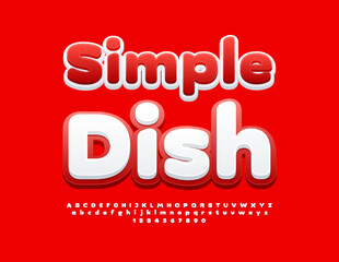 Vector bright poster Simple Dish. Creative White and Red Font. Decorative Alphabet Letters and Numbers set.