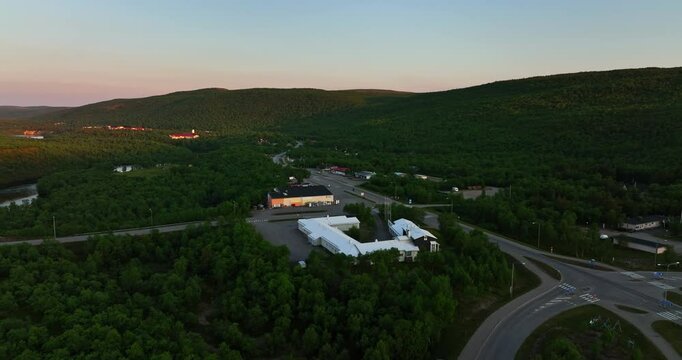 Aerial view around the downtown Utsjoki village, midnight sun in Lapland, Finland