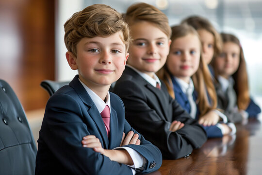 A group of confident children dressed in business attire sitting at a conference table, symbolizing future leadership, ambition, and the importance of education and teamwork - Powered by Adobe