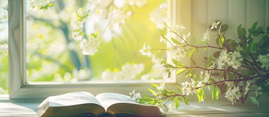 Open bible in spring interior, good morning concept. Copy space image. Place for adding text and design