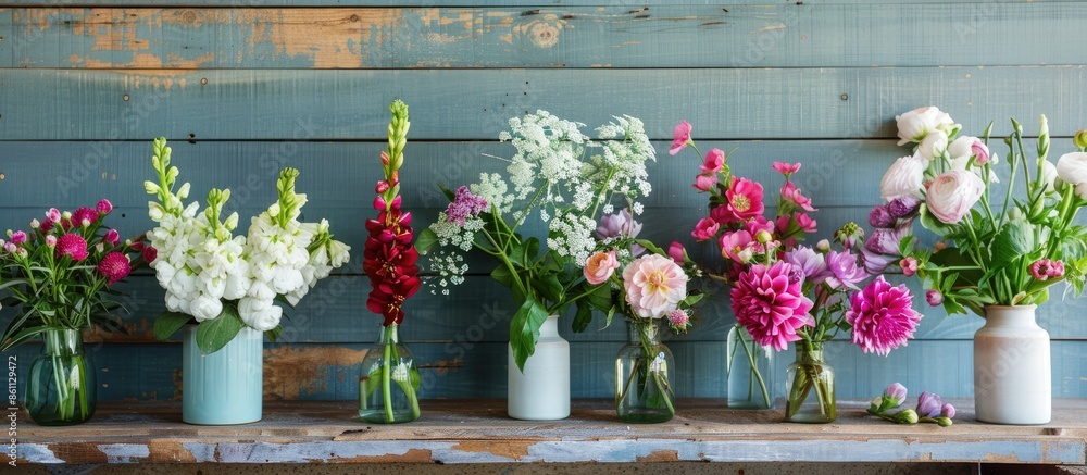 Poster flowers arranged in vases on table. copy space image. place for adding text and design