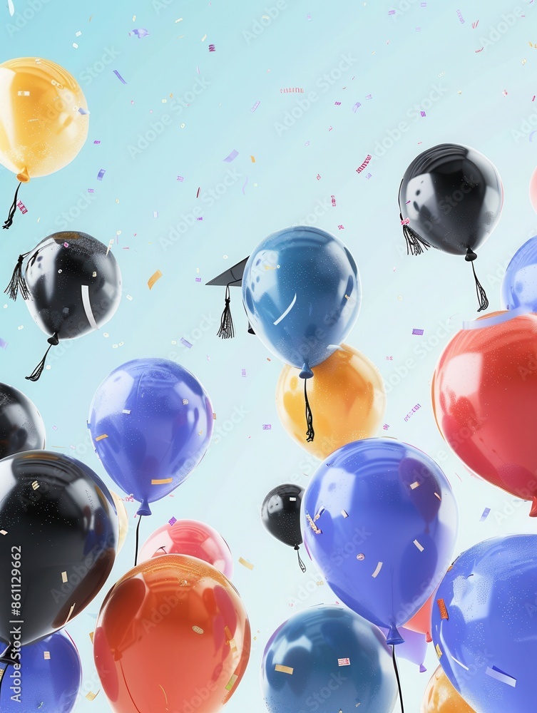Poster a collection of brightly colored balloons with graduation caps and confetti floating in the sky. gen