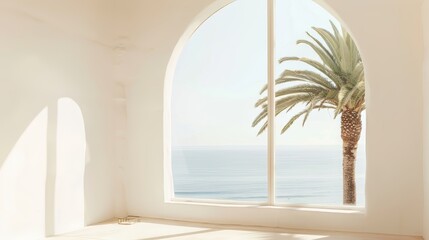 Serenity Found: Ocean View from Arched Window Generative AI