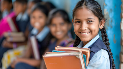 Indian young girl holding books in the school