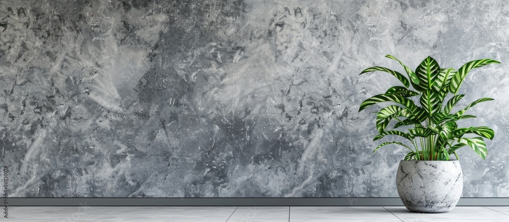 Poster dieffenbachia pot on floor beside concreat wall. copy space image. place for adding text and design