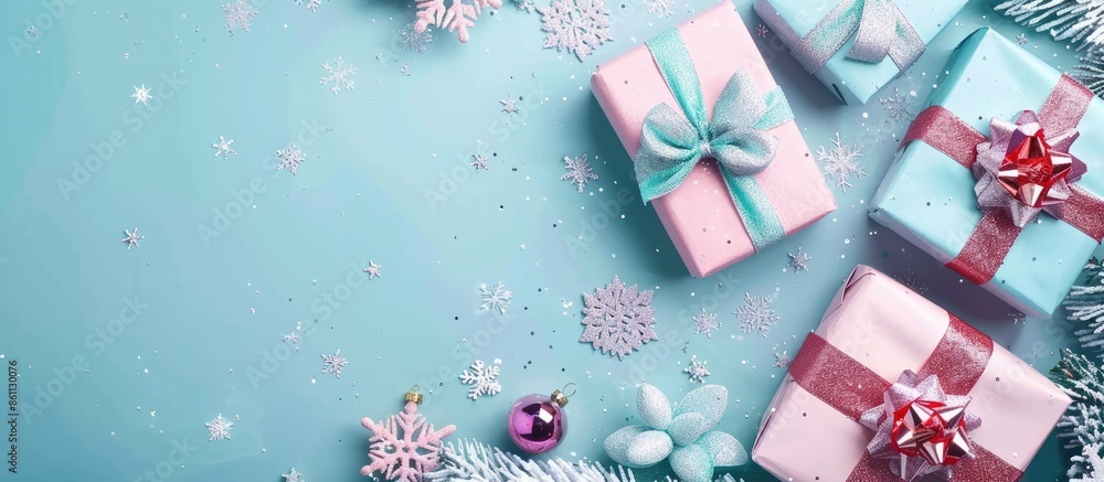 Poster christmas presents and boxes on pastel background christmas. copy space image. place for adding text
