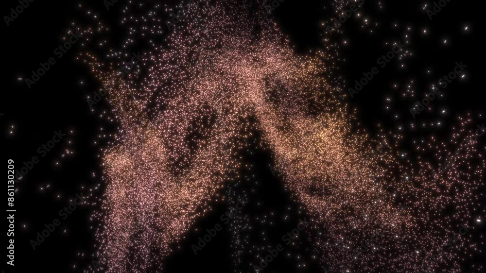 Poster floating abstract quantum particles coming together to form dna helix then flying away - 3d animatio
