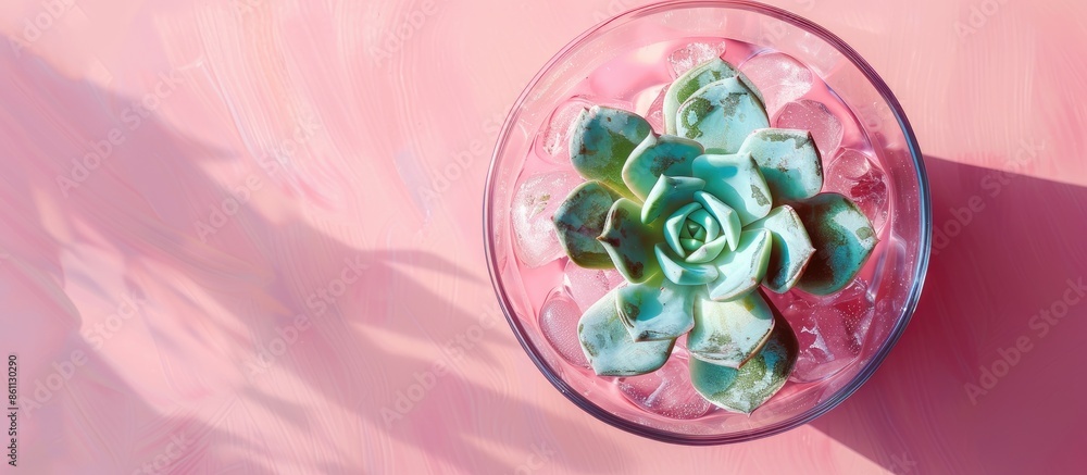 Poster aerial close up centered view of a succulent plant potted in a transparent icecream glass, isolated 
