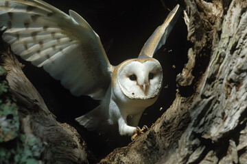 Obraz premium Barn owl taking flight from inside a tree trunk