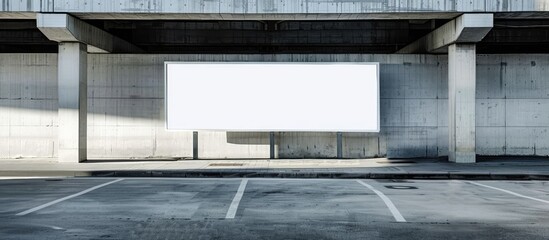 Obraz premium empty advertisement banner of white colour located between grey concrete building beams at parking lot on summer day. Copy space image. Place for adding text and design