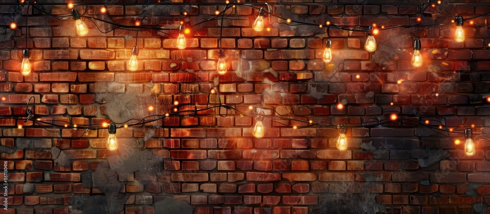 Poster drawing of a brick wall and fairy lights hanged in front to make it look beautiful . copy space imag