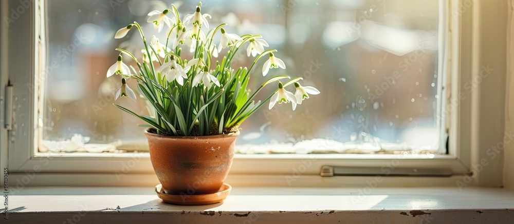 Poster snowdrop flowers in pot on the windowsill . copy space image. place for adding text and design