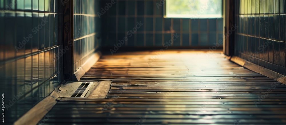 Poster square wooden floor tile in the restroom, selective focus. copy space image. place for adding text a