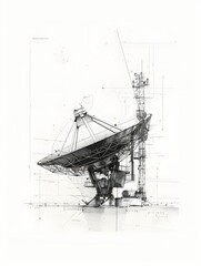 of Structural Satellite Dish Components with Minimal Lines and White Background