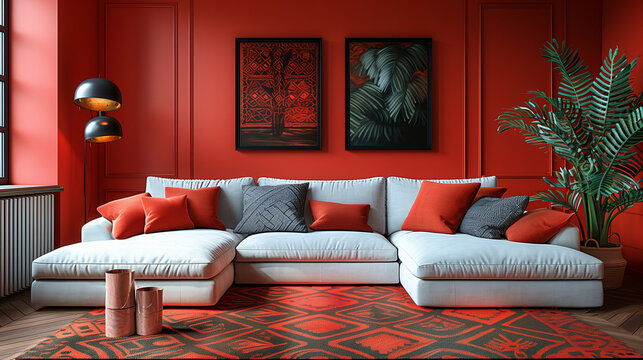 Interior with turquoise and white colours sectional sofa and geometric patterned rug in modern living room and soft coral colours mock-up wall