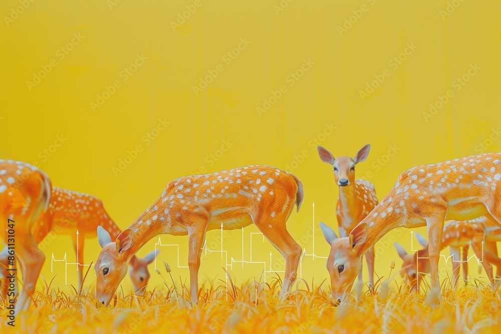 Poster a herd of deer are grazing in a field with a graph in the background