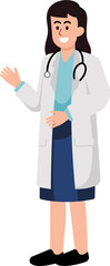 Fototapeta premium A woman doctor in a white lab coat is smiling and waving