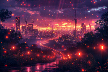 Fototapeta premium A cityscape with a winding road and a large number of wind turbines