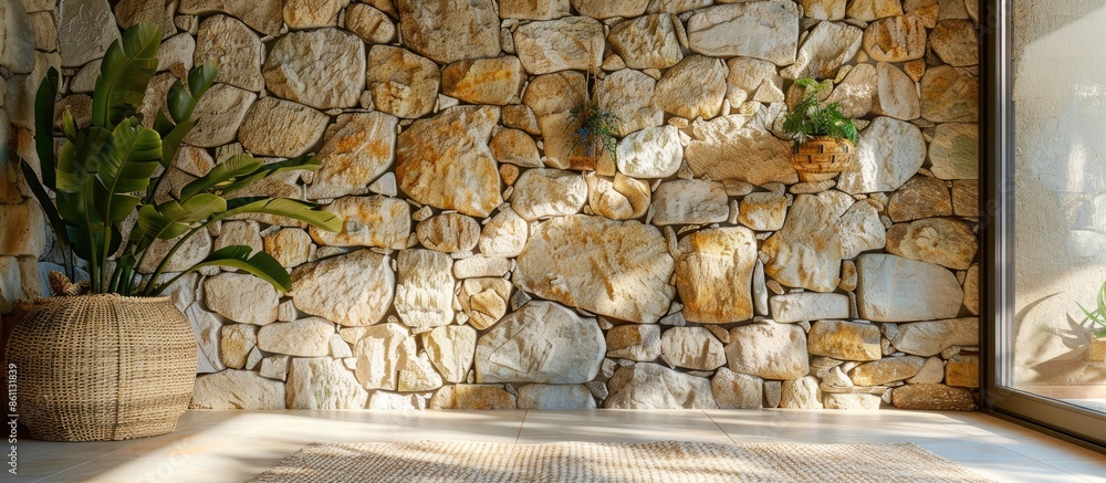 Poster natural stone wall on an empty living room area of a house. copy space image. place for adding text 